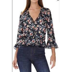 Anthropologie Monique Lhuillier Floral Print 3/4 Sleeve Blouse Cinched Waist SM